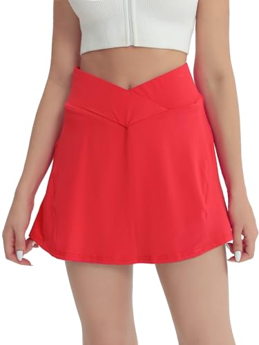 fuinloth Tennisrock Damen Tennis Skort Hohe Taille 2in1 Sportrock Innenhose Frauen Rockhose Golfröcke Mini Sommerrock mit Taschen Rot XS 32-34 von fuinloth