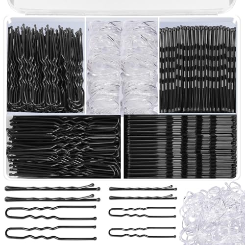 Haarnadeln, U-förmige Haarnadeln und Haargummibänder für Damen und Mädchen, mit Aufbewahrungsbox, 5,1 cm, 6 cm, Schwarz, 500 Stück von fulasiteu