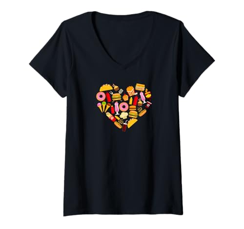 Damen Fast Food Heart of Tacos Burgers Ice Cream Donuts T-Shirt mit V-Ausschnitt Damen Fast Food Heart of Tacos Burgers Ice Cream Donuts T-Shirt mit V-Ausschnitt von fun food designs