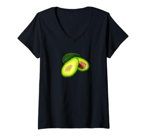 Damen Frische Avocado ganz und halbiert mit Samengrube T-Shirt mit V-Ausschnitt Damen Frische Avocado ganz und halbiert mit Samengrube T-Shirt mit V-Ausschnitt von fun food designs