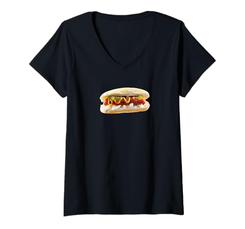 Damen Klassischer Hotdog mit Ketchup, Senf, Relish und Zwiebeln T-Shirt mit V-Ausschnitt Damen Klassischer Hotdog mit Ketchup, Senf, Relish und Zwiebeln T-Shirt mit V-Ausschnitt von fun food designs