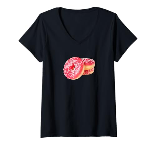 Damen Rosa mattierte Donuts mit Bonbonstreuseln T-Shirt mit V-Ausschnitt Damen Rosa mattierte Donuts mit Bonbonstreuseln T-Shirt mit V-Ausschnitt von fun food designs