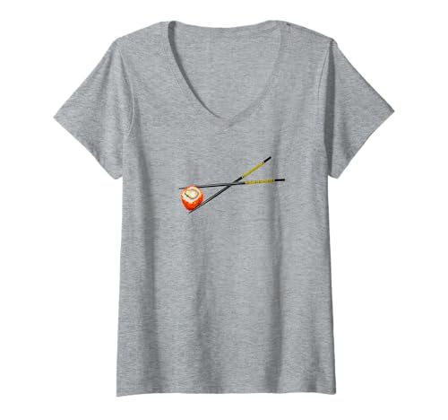Damen Sushi-Rolle in Essstäbchen, Japanisches Maki mit Fischrogen T-Shirt mit V-Ausschnitt Damen Sushi-Rolle in Essstäbchen, Japanisches Maki mit Fischrogen T-Shirt mit V-Ausschnitt von fun food designs