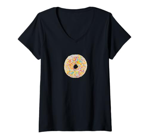 Damen Weißer, mattierter Donut mit Regenbogen-Streuseln T-Shirt mit V-Ausschnitt Damen Weißer, mattierter Donut mit Regenbogen-Streuseln T-Shirt mit V-Ausschnitt von fun food designs