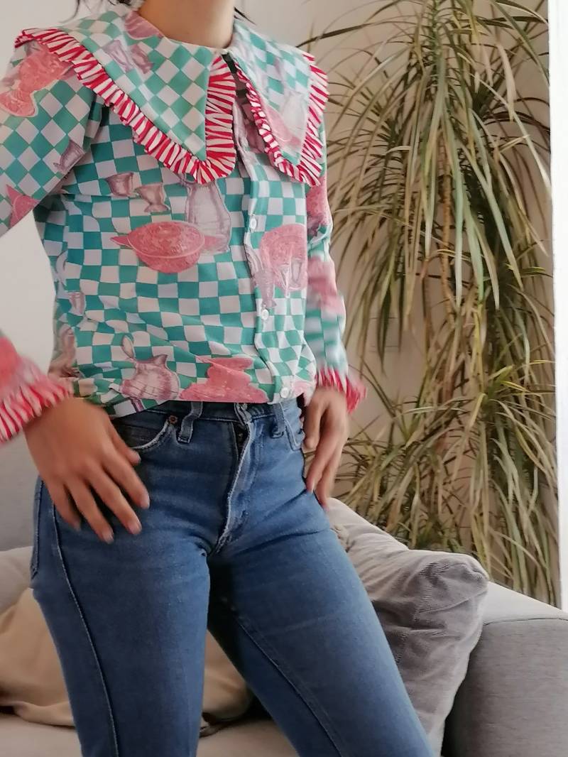 Handgefertigtes Großes Kragenhemd/Grün-Weiß Karierte Bluse von funation