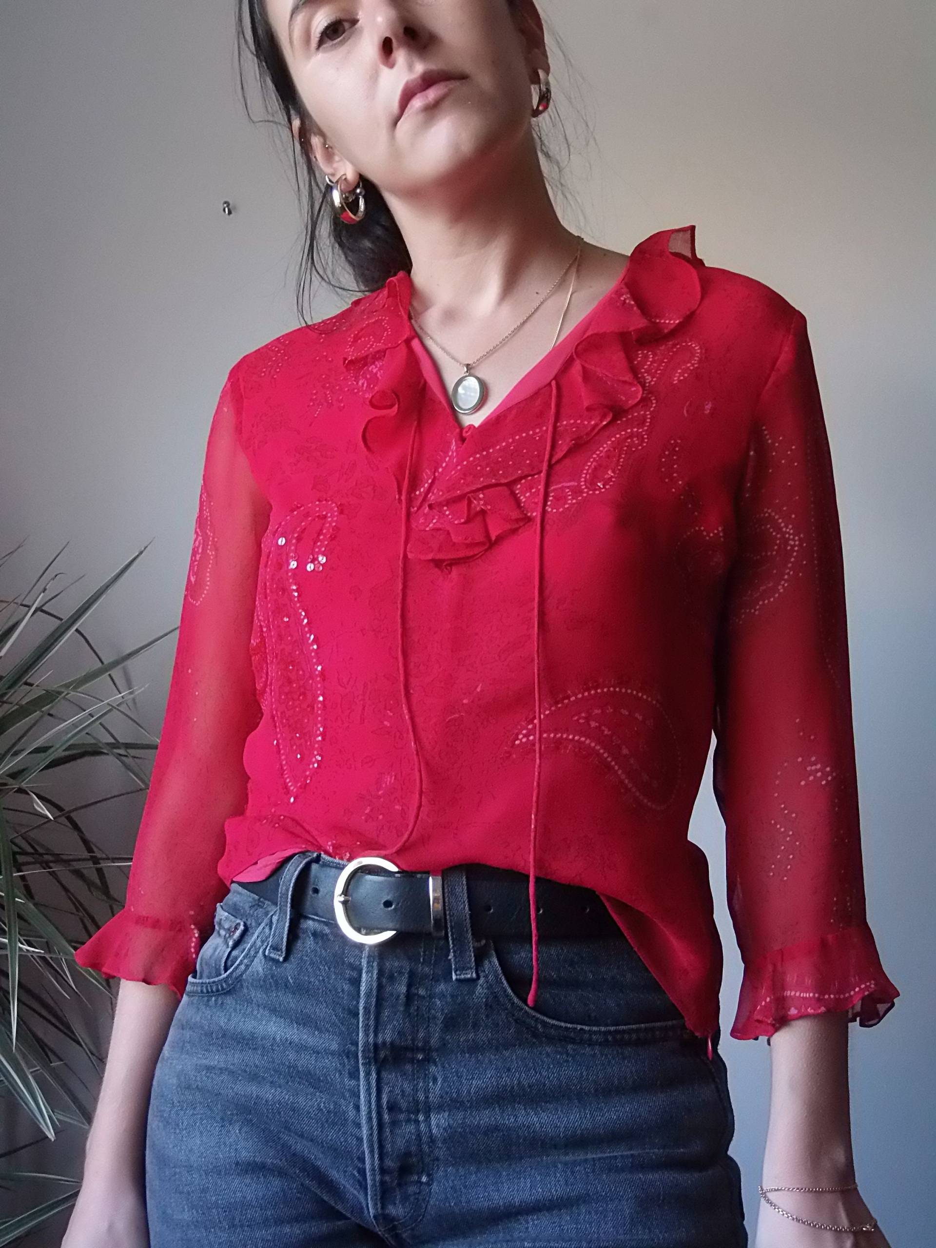Vintage 100% Seide Rüschen Bluse Von Silk Land/90Er Jahre Rotes Seiden Top, Rote Mit Paisley Muster von funation