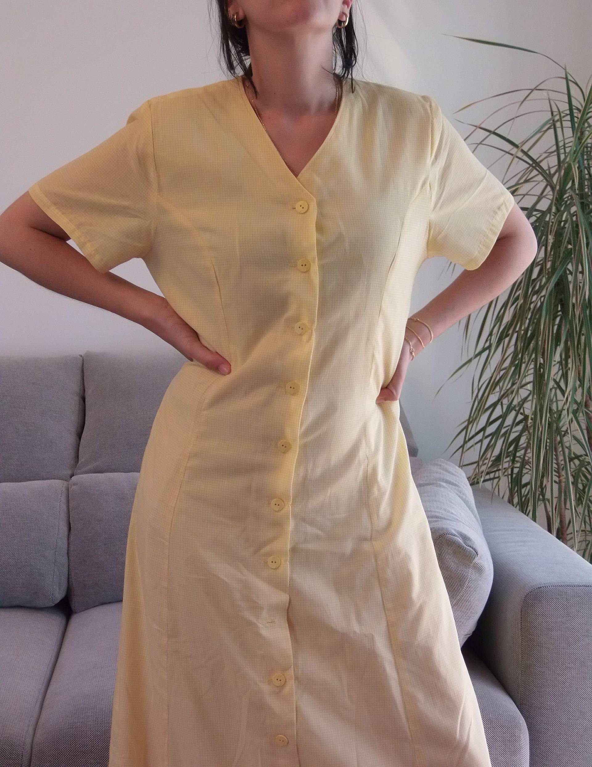 Vintage Gelbes Vichykaro Shirtkleid/90Er Jahre Maxikleid Mit Knöpfen von funation