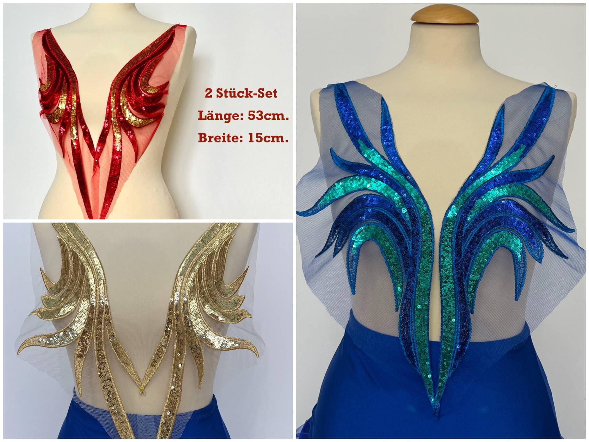 Spitzenapplikationen 2-Teilig Pailletten Patch Blau Gold Rot Stickerei Abendkleid Tanzkleid von fundtruhe