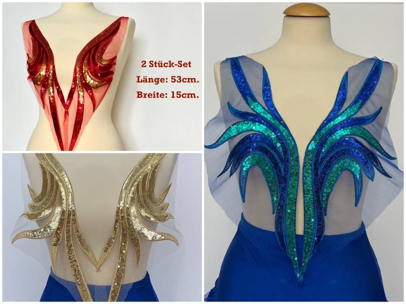 Spitzenapplikationen 2-Teilig Pailletten Patch Blau Gold Rot Stickerei Abendkleid Tanzkleid von fundtruhe
