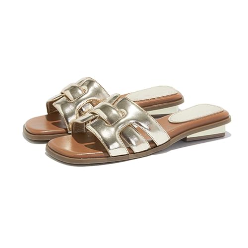 funifuni Geflochtene Slide-Sandalen für Damen, 3 cm Plateausohle, PU-Riemen im Pariser Stil, lässige Strand-Pantoletten – Schwarz/Weiß/Metallic-Gold/Silber von funifuni