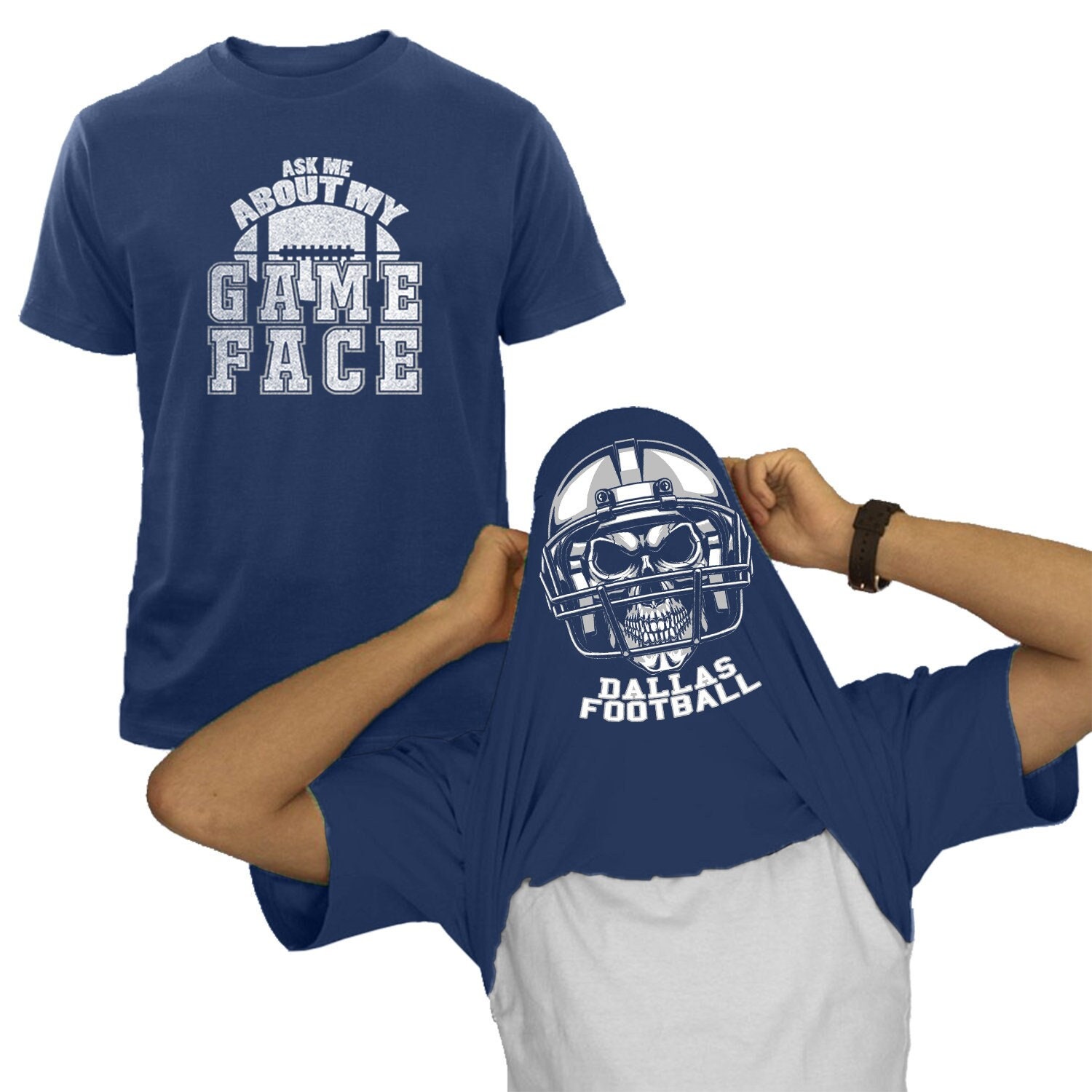 Herren Football Game Face Flip T-Shirts | Dallas, Chicago, Cincinnati, Cleveland, Detroit, Green Bay von funkyteesboutique