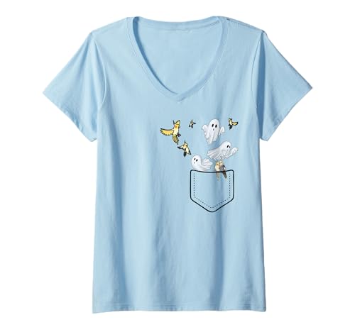 Damen Cockatiel Pocket Ghost Halloween T-Shirt mit V-Ausschnitt Damen Cockatiel Pocket Ghost Halloween T-Shirt mit V-Ausschnitt von funny Cockatiel for Cockatiel lover