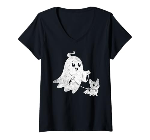 Damen Halloween Cute Ghost with bat Spooky Boo Cosume T-Shirt mit V-Ausschnitt von funny Halloween Costume