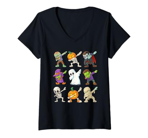 Damen Dabbing Halloween Jungen Skelett Zombie Gruselig Kürbis Mama T-Shirt mit V-Ausschnitt Damen Dabbing Halloween Jungen Skelett Zombie Gruselig Kürbis Mama T-Shirt mit V-Ausschnitt von funny Halloween stuff