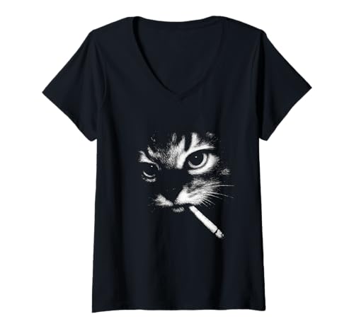 Damen Katze raucht Zigarette Lustiges Meme für Kätzchenliebhaber T-Shirt mit V-Ausschnitt Damen Katze raucht Zigarette Lustiges Meme für Kätzchenliebhaber T-Shirt mit V-Ausschnitt von funny cat smoking cigarette