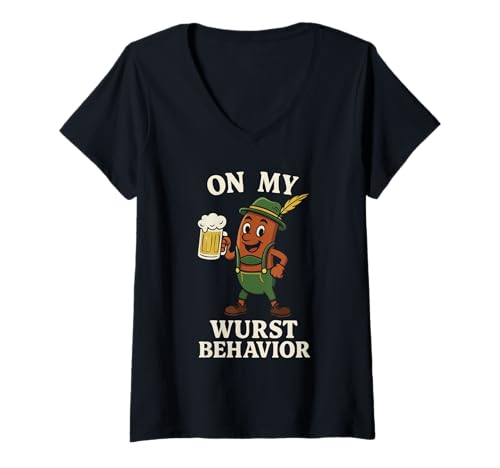 Damen Oktoberfest On My Wurst Behavior Deutsch T-Shirt mit V-Ausschnitt Damen Oktoberfest On My Wurst Behavior Deutsch T-Shirt mit V-Ausschnitt von funny deuschtland apparel
