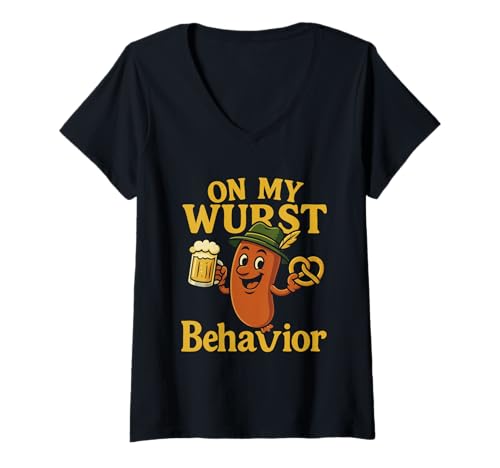 Damen Oktoberfest On My Wurst Behavior Deutsch T-Shirt mit V-Ausschnitt Damen Oktoberfest On My Wurst Behavior Deutsch T-Shirt mit V-Ausschnitt von funny deuschtland apparel
