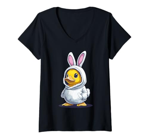 Damen Entenküken im Hasenkostüm T-Shirt mit V-Ausschnitt Damen Entenküken im Hasenkostüm T-Shirt mit V-Ausschnitt von funny duckling pet love