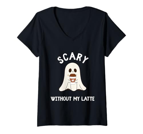 Damen erschrecken ohne Meinen Latte T-Shirt mit V-Ausschnitt von funny fall coffee halloween ghost
