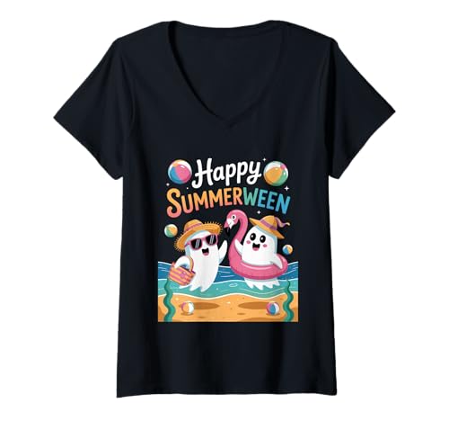 Damen Happy Summerween Cute Ghosts Sommer-Halloween-Mashup T-Shirt mit V-Ausschnitt Damen Happy Summerween Cute Ghosts Sommer-Halloween-Mashup T-Shirt mit V-Ausschnitt von funny ghost design