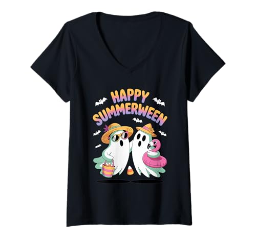 Damen Happy Summerween Lustige Geister Halloween-Sommer-Mashup T-Shirt mit V-Ausschnitt Damen Happy Summerween Lustige Geister Halloween-Sommer-Mashup T-Shirt mit V-Ausschnitt von funny ghost design