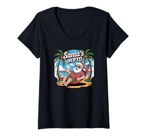 Damen Feiertagshumor Witz Weihnachten Strand Tropischer Weihnachtsmannurlaub T-Shirt mit V-Ausschnitt von funny santa claus christmas, Santas on PTO Meme