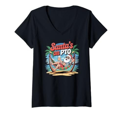 Damen Feiertagshumor Witz Weihnachten Strand Tropischer Weihnachtsmannurlaub T-Shirt mit V-Ausschnitt von funny santa claus christmas, Santas on PTO Meme