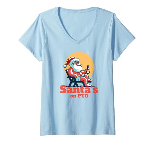 Damen Feiertagshumor Witz Weihnachten Strand Tropischer Weihnachtsmannurlaub T-Shirt mit V-Ausschnitt von funny santa claus christmas, Santas on PTO Meme