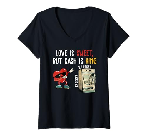 Damen Liebe ist süß, aber Geld ist König lustiger Meme-Humor T-Shirt mit V-Ausschnitt Damen Liebe ist süß, aber Geld ist König lustiger Meme-Humor T-Shirt mit V-Ausschnitt von funny sarcastic humor apparels