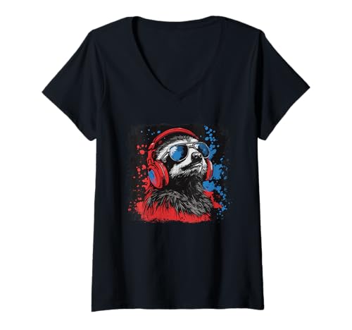 Damen Faultier hört Musik mit Kopfhörern T-Shirt mit V-Ausschnitt Damen Faultier hört Musik mit Kopfhörern T-Shirt mit V-Ausschnitt von funny sloth pet love