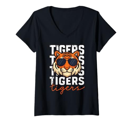 Damen Vintage Tigers Inspirational Athletic Tiger with Sunglasses T-Shirt mit V-Ausschnitt Damen Vintage Tigers Inspirational Athletic Tiger with Sunglasses T-Shirt mit V-Ausschnitt von funny sports clothing