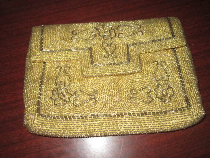 Vintage Glas Goldene Perlen Abend Clutch Tasche Geldbörse Mit Voguemont Label von funoldstuff