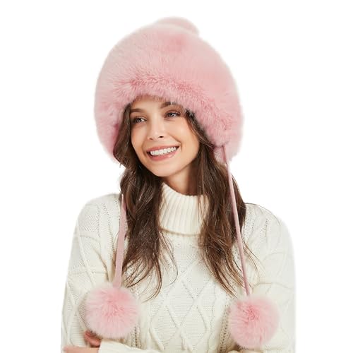 Frauen Wintermütze Kunstpelz Beanie Mütze mit Fuzzy Pom Pom Stricken Trapper Hut niedlich Schneemütze Winddicht volle Kapuze Ohrenklappe von fur story