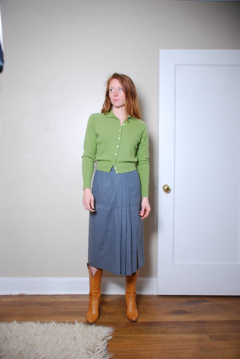 60Er Mittelwolle Rock Grau Plissee Beinschlitz Hoch Tailliert Winter Boho Preppy Chic Reißverschluss Schule Mädchen Arbeit Lehrer Vintage Retro von furhatguild