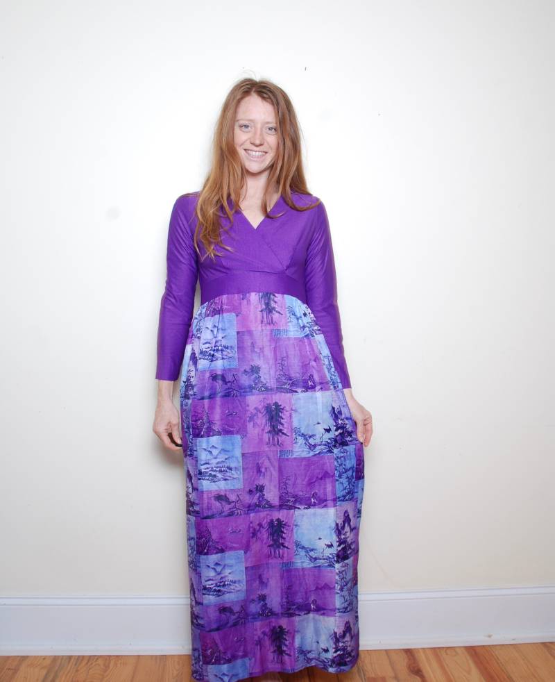 70Er Jahre Kleine Foto Langarm Maxi Kleid Frauen Vintage Kleidung Lila Neuheit Polyester V Hals Hochzeit Gast Party Boho Hippie Outfit von furhatguild