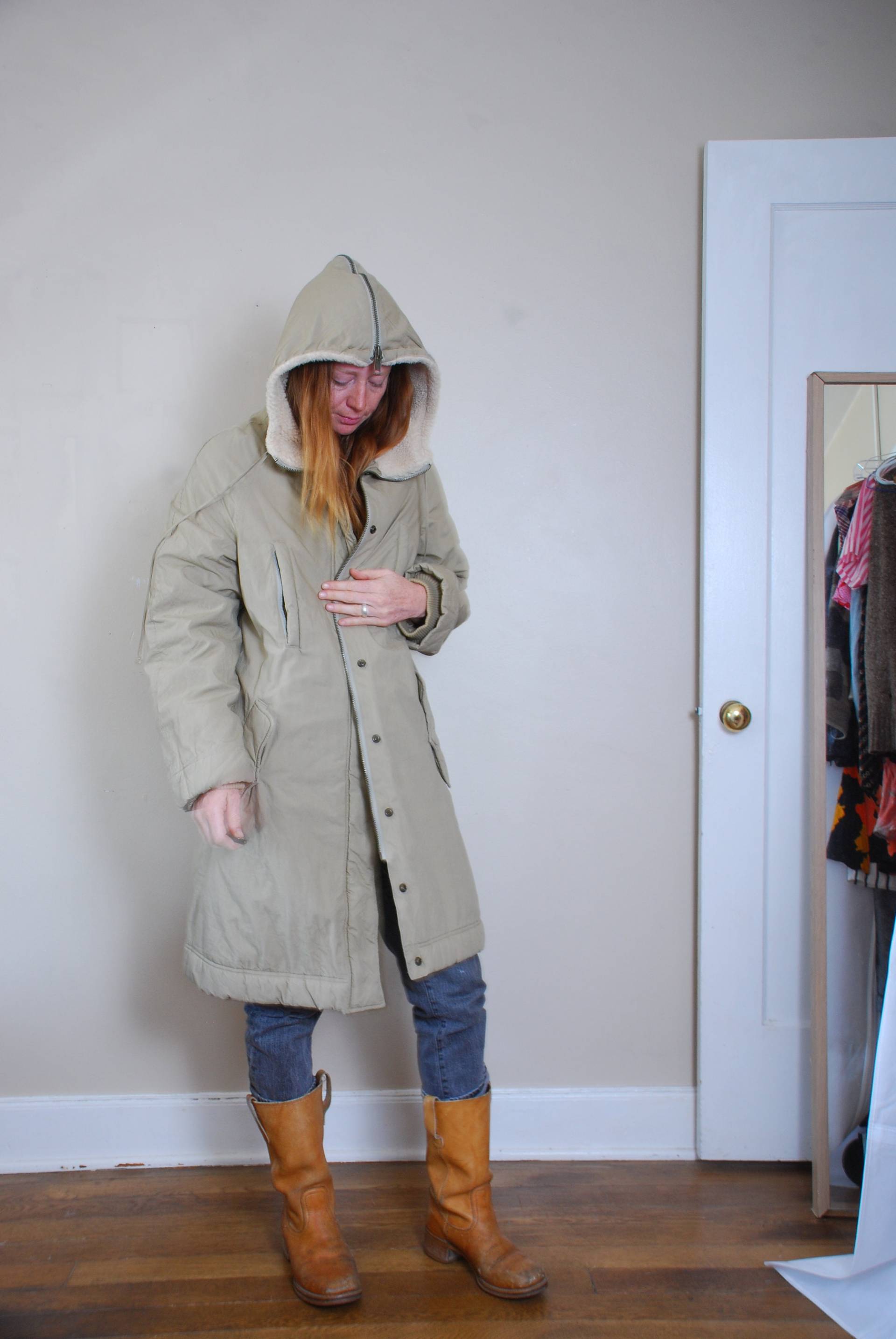 Vintage Winter Parka Mantel Kapuze Designer Militär Braun Sherpa Gefüttert Taschen Marc Jacobs 00Er Y2K Mode Damen Medium Groß von furhatguild