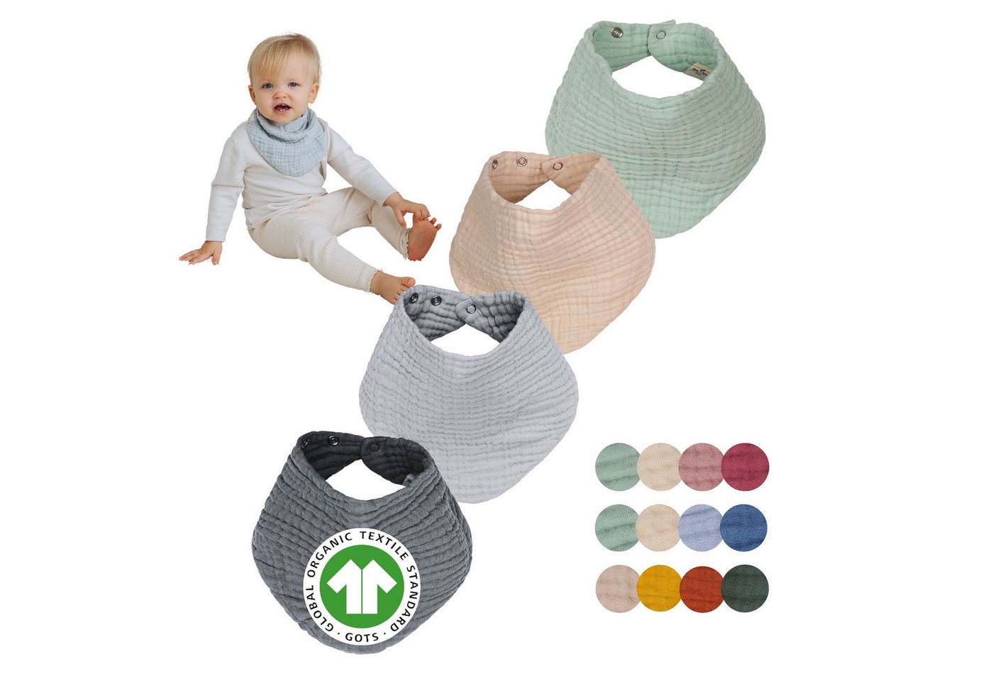 furora BABY Dreieckstuch Halstuch Baby (Set 4 Stück): weiche Bio-Musselin Baumwolle, Lätzchen, Sehr weich, Druckknöpfe für 3 Größen von furora BABY