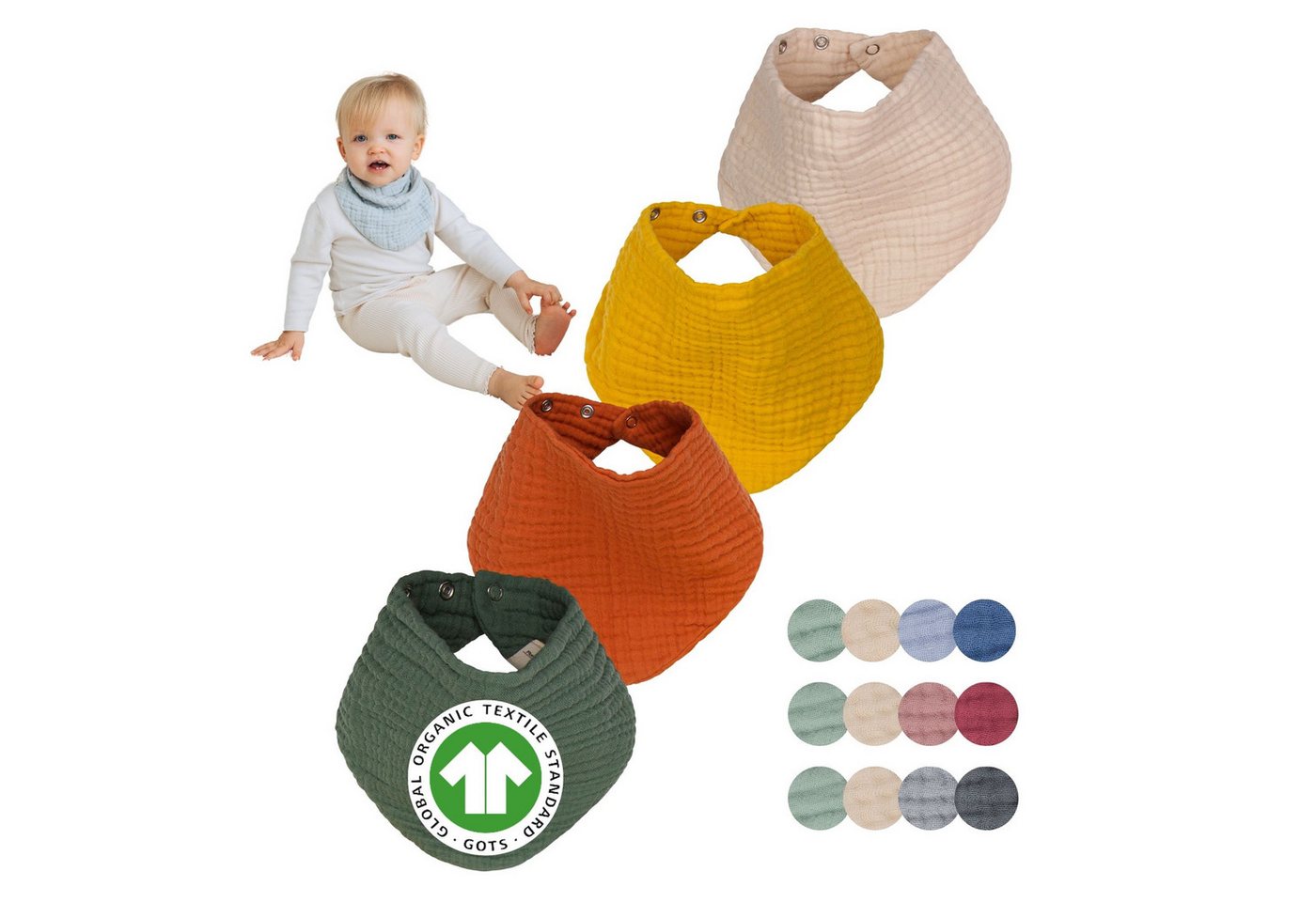 furora BABY Dreieckstuch Halstuch Baby (Set 4 Stück): weiche Bio-Musselin Baumwolle, Lätzchen, Sehr weich, Druckknöpfe für 3 Größen von furora BABY