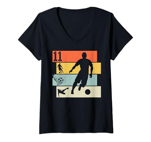 Damen 11th Birthday Boy 11 Years Footballer Football fußball Retro T-Shirt mit V-Ausschnitt Damen 11th Birthday Boy 11 Years Footballer Football fußball Retro T-Shirt mit V-Ausschnitt von fußball fußballer Spieler Kindergeburtstag party