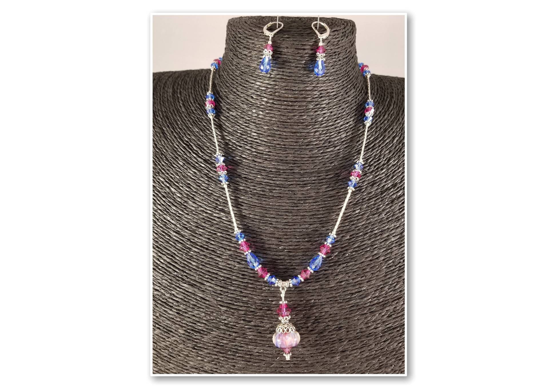 Lampwork Bead, Swarovski Kristall Und Sterling Silber Statement, Pink & Blau Halskette Ohrringe Set Lampwork Bead, Swarovski Kristall Und Sterling Silber Statement, Pink & Blau Halskette Ohrringe Set von futureheirloomsbyKB