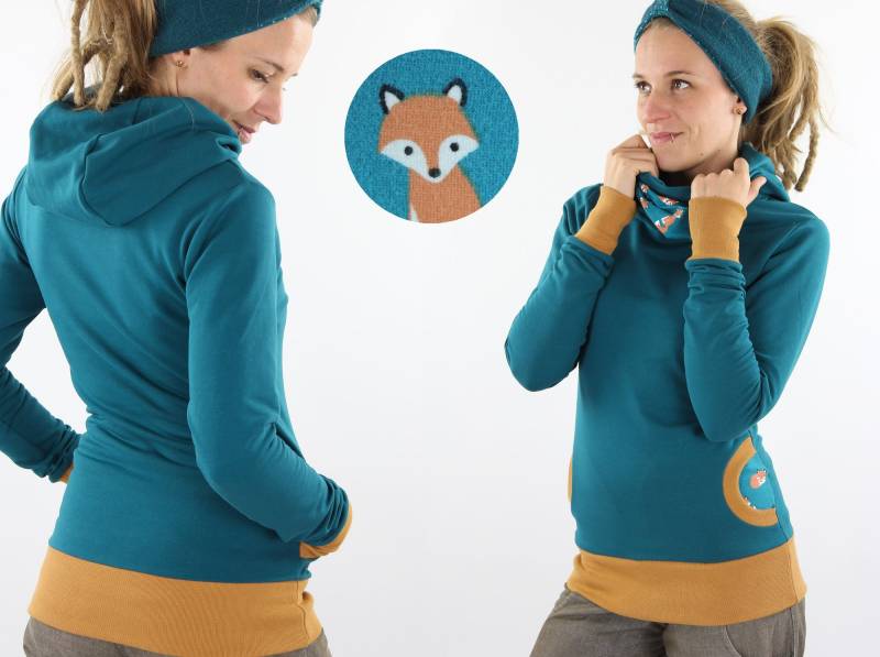 Damen-Kapuzenpulli Petrol Mit Füchsen von fuxandfriends