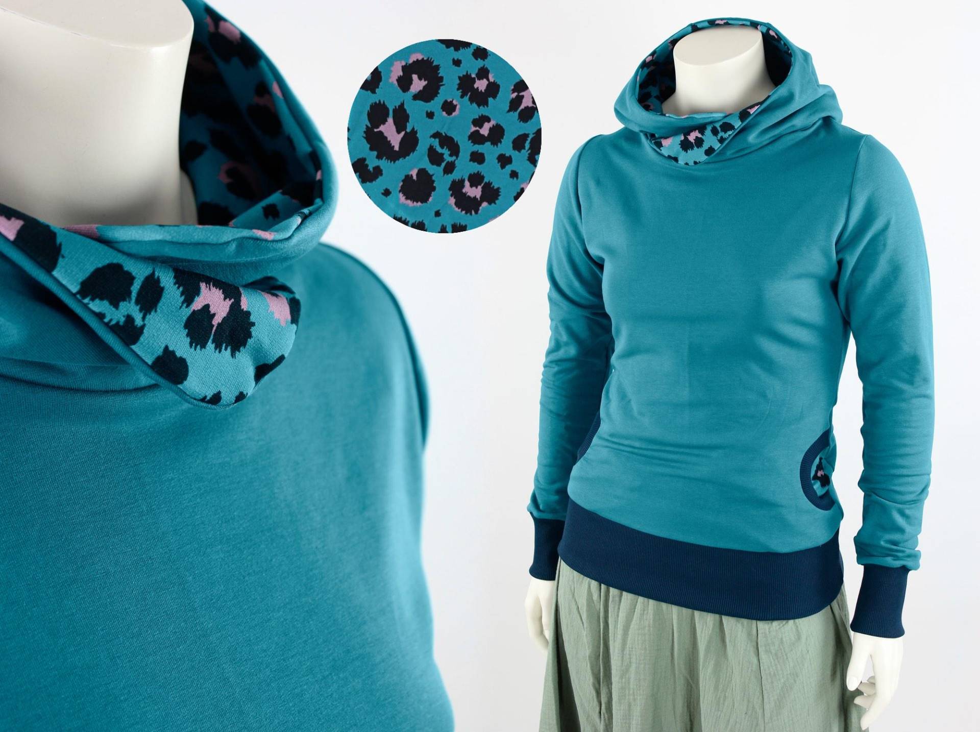 Damen-Kapuzenpulli Petrol Mit Leopardenmuster von fuxandfriends