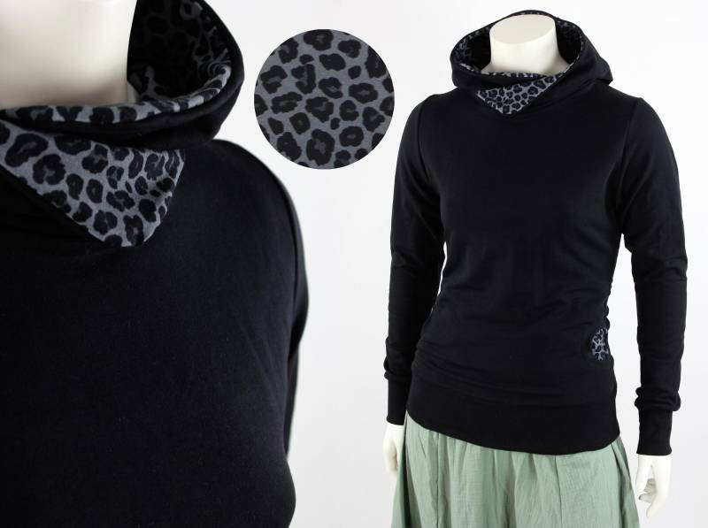 Damen-Kapuzenpulli Schwarz Mit Leopardenmuster von fuxandfriends
