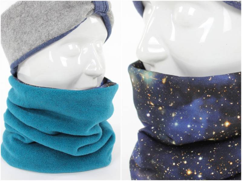 Fleece-Loopschal Zum Wenden Petrol Und Blue Galaxy von fuxandfriends