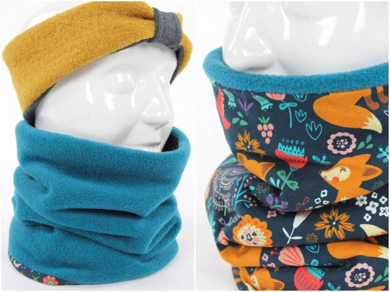 Fleece-Loopschal Zum Wenden Petrol Und Mohnfüchse von fuxandfriends
