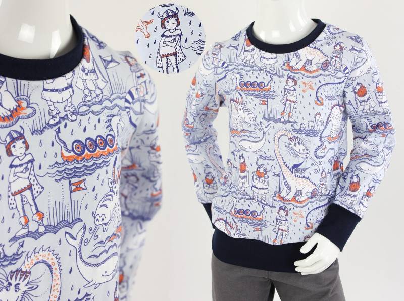 Kinder-Longsleeve Hellblau Mit Wikingern Und Drachen Bio-stoffe von fuxandfriends