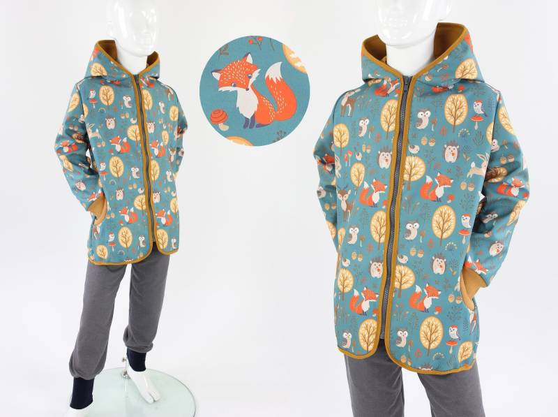 Kinder-Softshelljacke Mit Waldtieren Auf Petrol von fuxandfriends