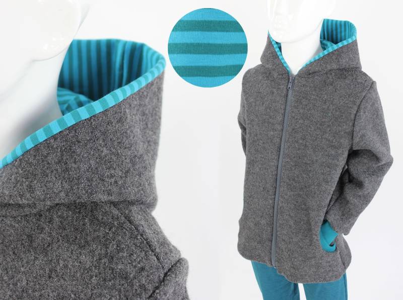 Kinder-Wolljacke Anthrazit Mit Petrol Streifen von fuxandfriends
