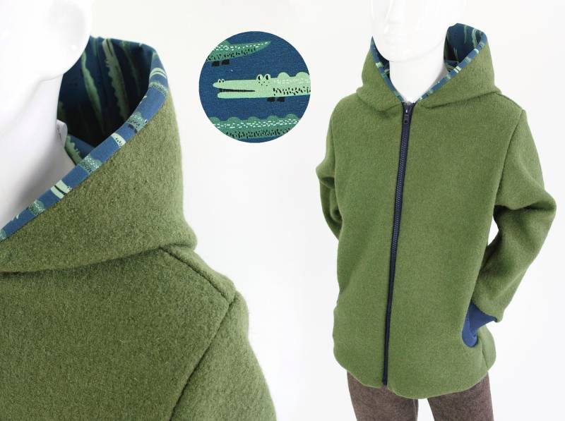 Kinder-Wolljacke Grün Mit Krokodilen, Aus Öko-Wollwalk, Wächst Lange von fuxandfriends