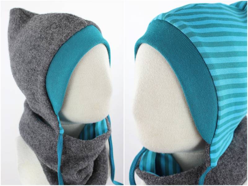 Kinder-Wollmütze Zum Wenden Anthrazit Mit Petrol Streifen von fuxandfriends